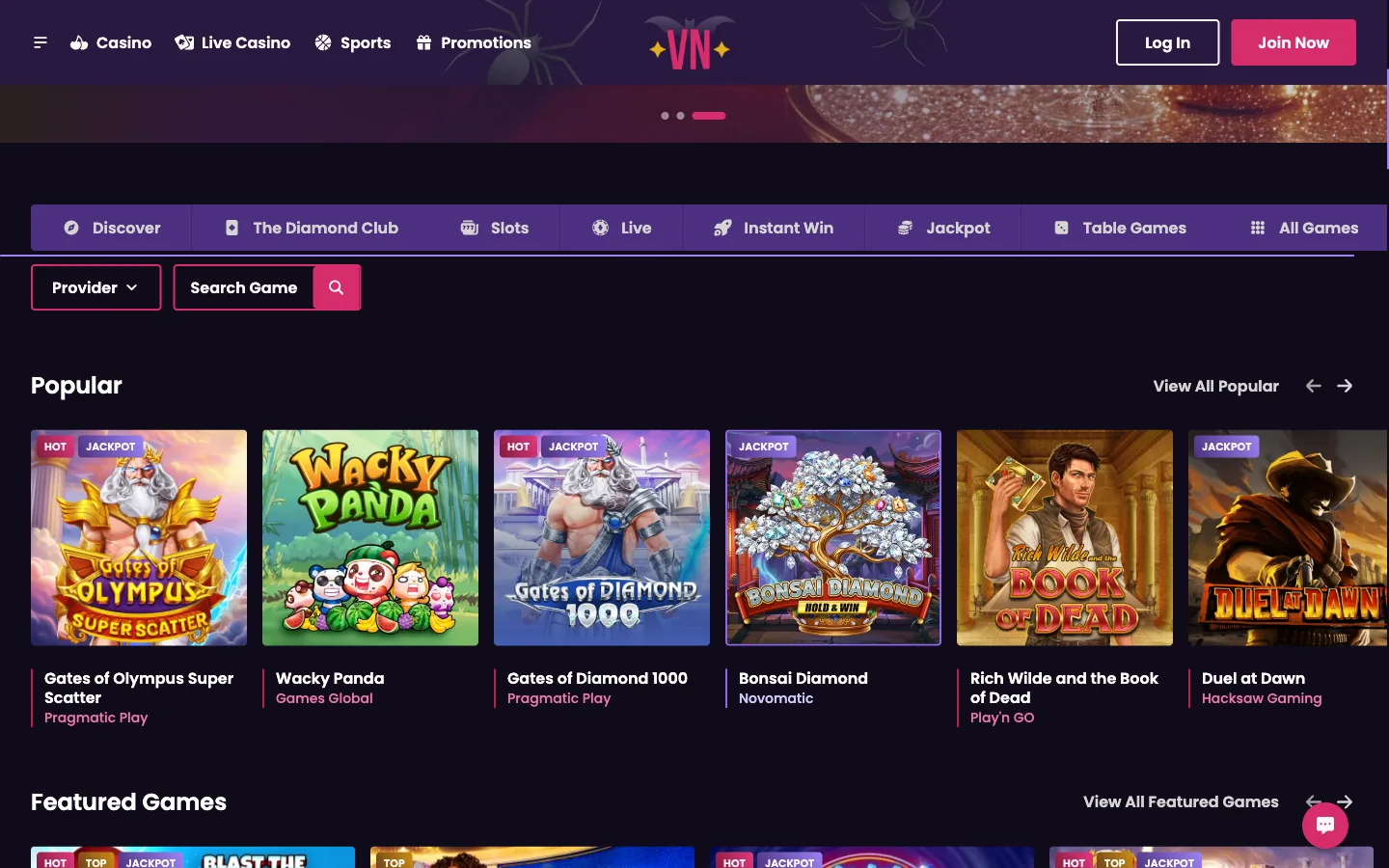 Vegas Now Casino slots lobby for Canada showing the category rails and the Popular row